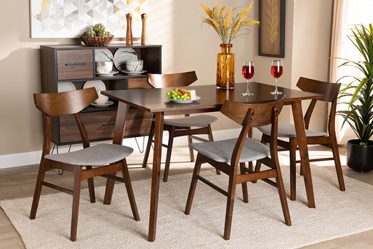 Baxton Studio Lois Mid-Century Modern Transitional Light Grey Fabric Upholstered and Walnut Brown Finished Wood 5-Piece Dining Set | Modishstore | Dining Sets