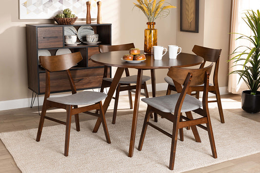 Baxton Studio Timothy Mid-Century Modern Transitional Light Grey Fabric Upholstered and Walnut Brown Finished Wood 5-Piece Dining Set | Modishstore | Dining Sets