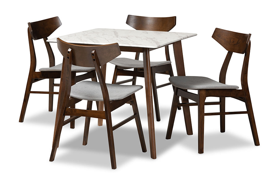 baxton studio pearson mid century modern transitional light grey fabric upholstered and walnut brown finished wood 5 piece dining set with faux marble table | Modish Furniture Store-2