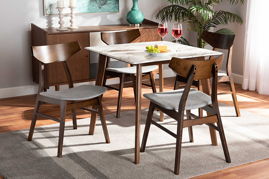 Baxton Studio Pearson Mid-Century Modern Transitional Light Grey Fabric Upholstered and Walnut Brown Finished Wood 5-Piece Dining Set with Faux Marble Table | Modishstore | Dining Sets