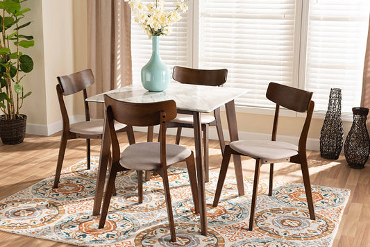 Baxton Studio Reba Mid-Century Modern Light Beige Fabric Upholstered and Walnut Brown Finished Wood 5-Piece Dining Set with Faux Marble Dining Table | Modishstore | Dining Sets