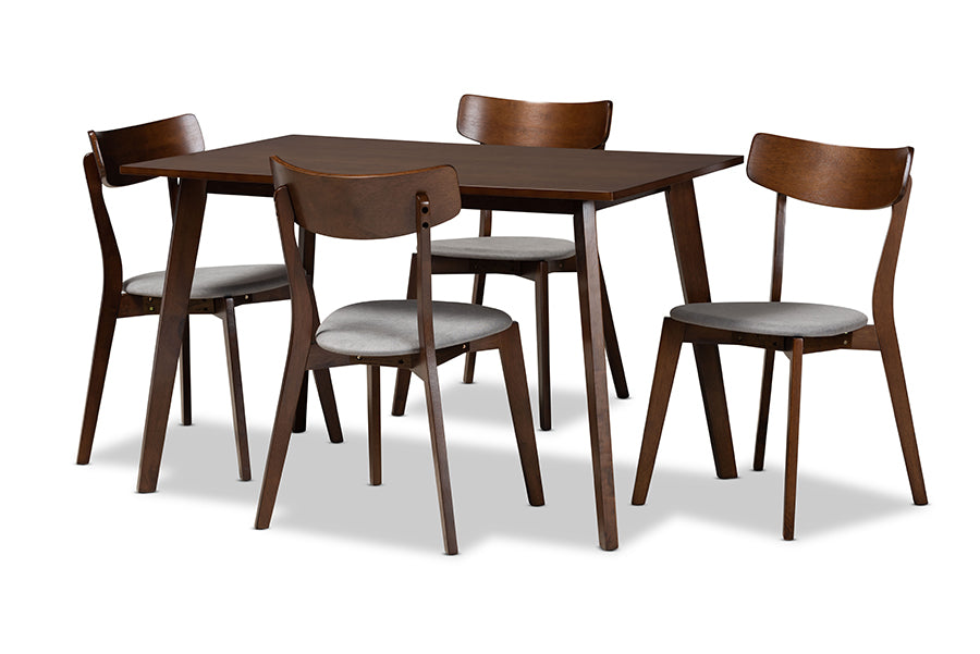 baxton studio nori mid century modern transitional light grey fabric upholstered and walnut brown finished wood 5 piece dining set | Modish Furniture Store-2