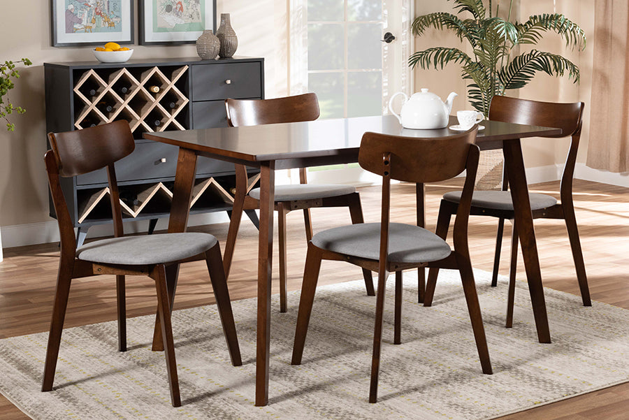 Baxton Studio Nori Mid-Century Modern Transitional Light Grey Fabric Upholstered and Walnut Brown Finished Wood 5-Piece Dining Set | Modishstore | Dining Sets