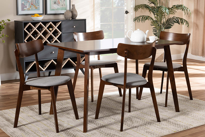 Baxton Studio Nori Mid-Century Modern Transitional Light Grey Fabric Upholstered and Walnut Brown Finished Wood 5-Piece Dining Set | Modishstore | Dining Sets