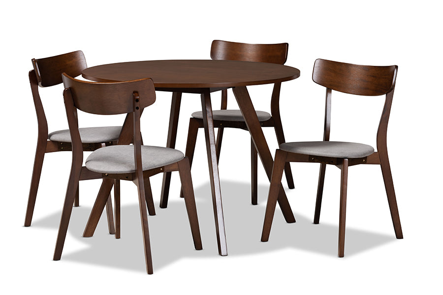baxton studio rika mid century modern transitional light grey fabric upholstered and walnut brown finished wood 5 piece dining set | Modish Furniture Store-2