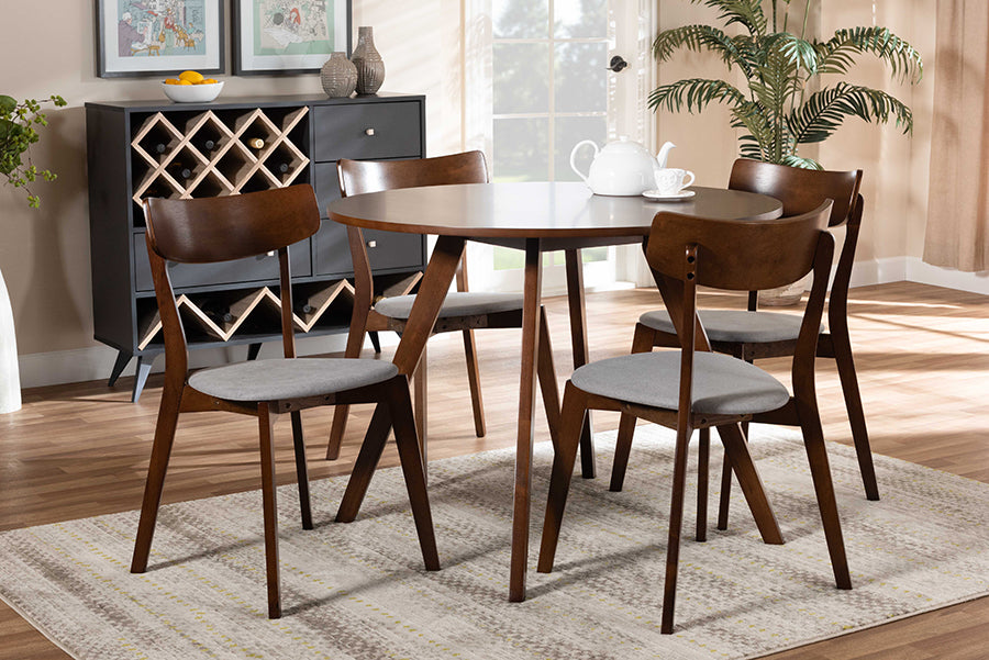 Baxton Studio Rika Mid-Century Modern Transitional Light Grey Fabric Upholstered and Walnut Brown Finished Wood 5-Piece Dining Set | Modishstore | Dining Sets