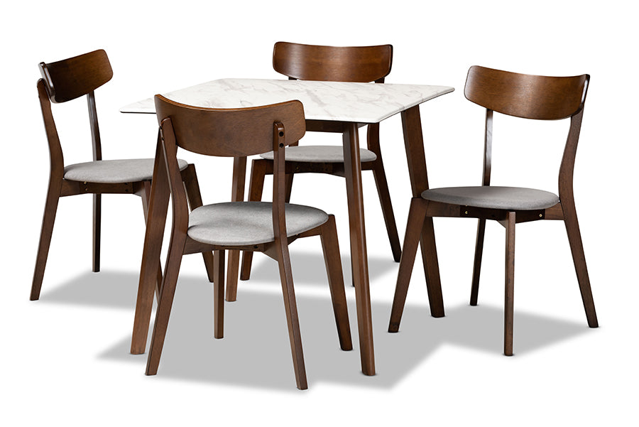 baxton studio reba mid century modern light grey fabric upholstered and walnut brown finished wood 5 piece dining set with faux marble dining table | Modish Furniture Store-2