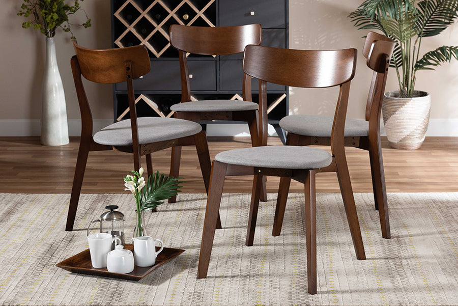 Baxton Studio Iora Mid-Century Modern Transitional Light Grey Fabric Upholstered and Walnut Brown Finished Wood 4-Piece Dining Chair Set | Modishstore | Dining Chairs