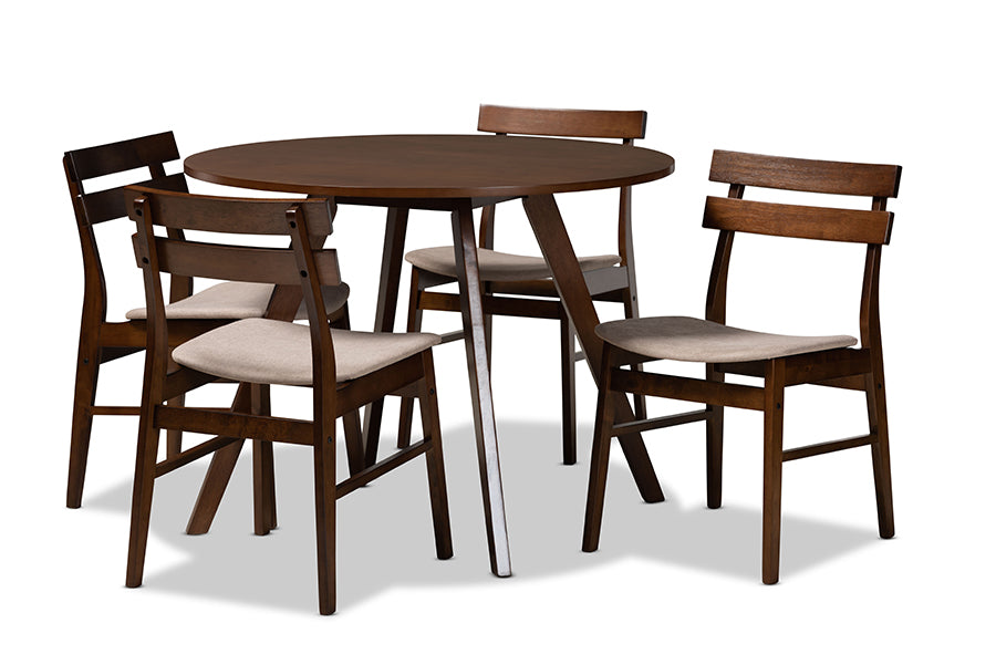 baxton studio eiko mid century modern transitional light beige fabric upholstered and walnut brown finished wood 5 piece dining set | Modish Furniture Store-2