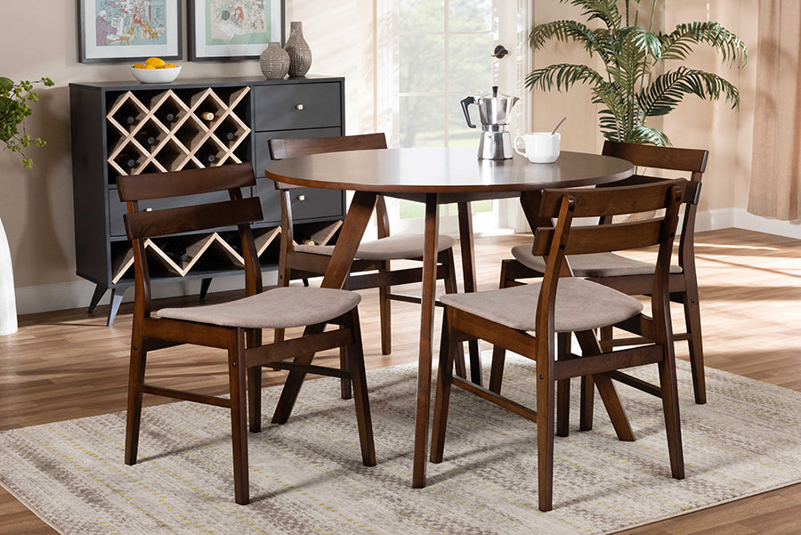Baxton Studio Eiko Mid-Century Modern Transitional Light Beige Fabric Upholstered and Walnut Brown Finished Wood 5-Piece Dining Set | Modishstore | Dining Sets
