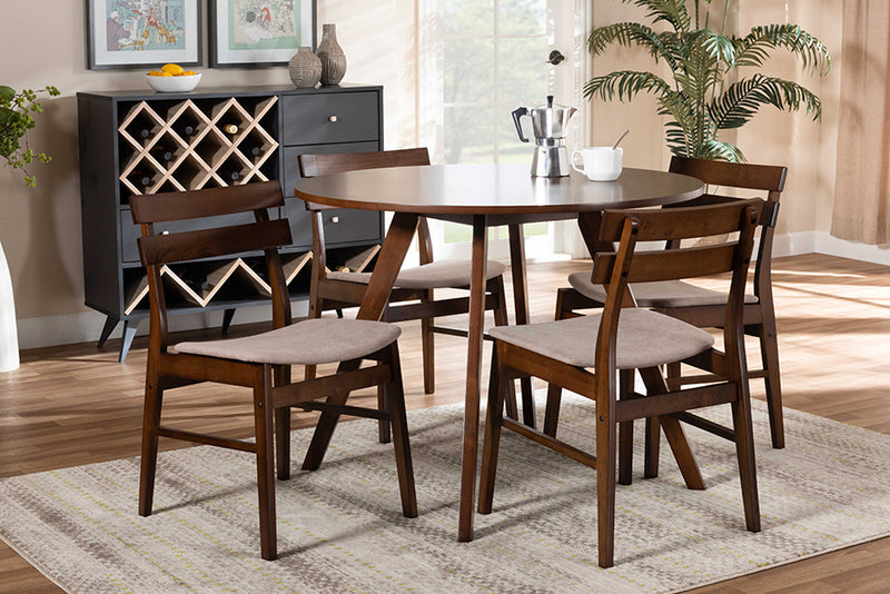 Baxton Studio Eiko Mid-Century Modern Transitional Light Beige Fabric Upholstered and Walnut Brown Finished Wood 5-Piece Dining Set | Modishstore | Dining Sets