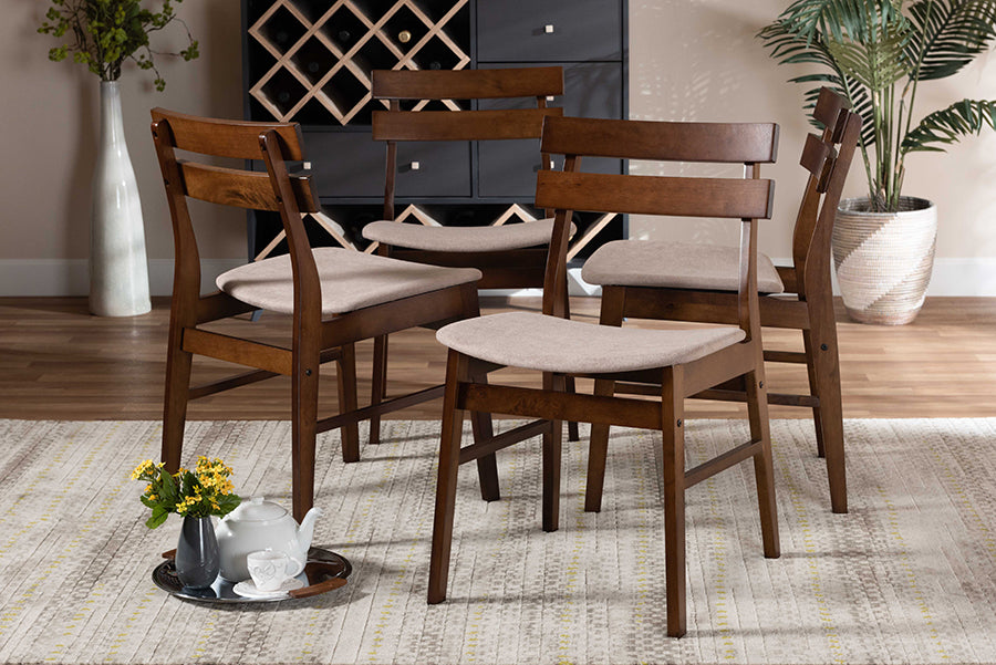Baxton Studio Devlin Mid-Century Modern Transitional Light Beige Fabric Upholstered and Walnut Brown Finished Wood 4-Piece Dining Chair Set | Modishstore | Dining Chairs