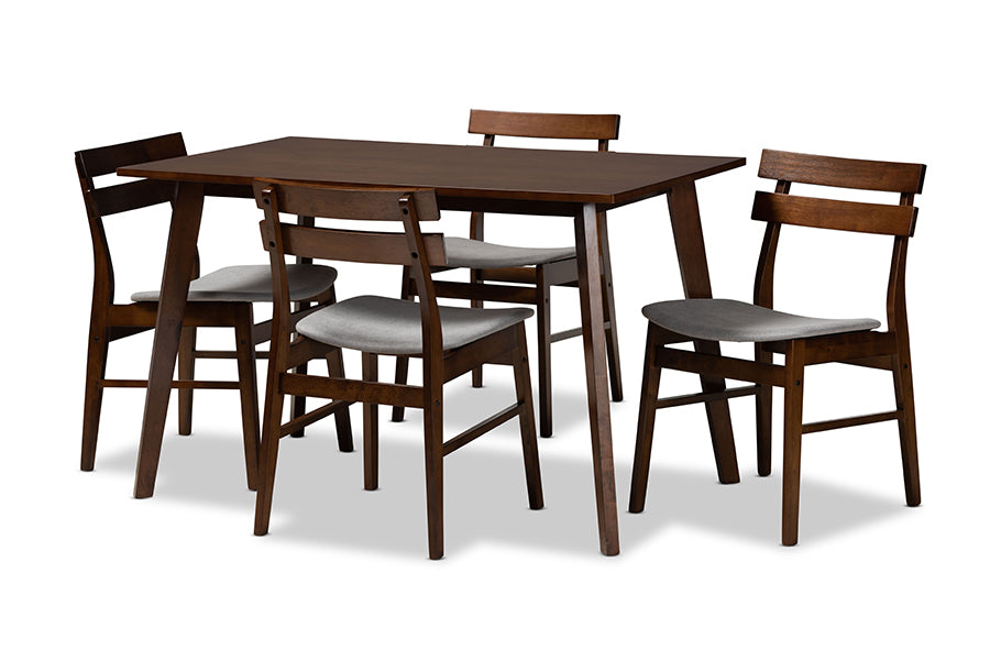 baxton studio eleri mid century modern transitional light grey fabric upholstered and walnut brown finished wood 5 piece dining set | Modish Furniture Store-2