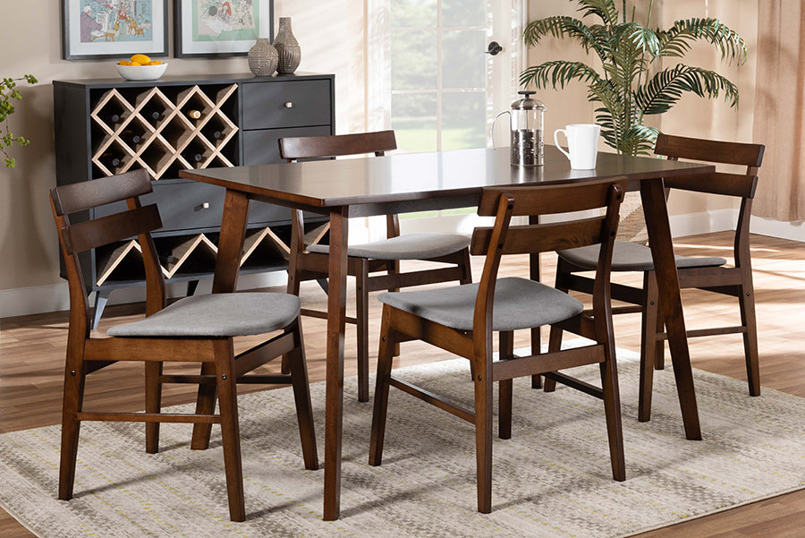 Baxton Studio Eleri Mid-Century Modern Transitional Light Grey Fabric Upholstered and Walnut Brown Finished Wood 5-Piece Dining Set | Modishstore | Dining Sets