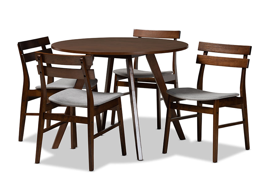 baxton studio eiko mid century modern transitional light grey fabric upholstered and walnut brown finished wood 5 piece dining set | Modish Furniture Store-2