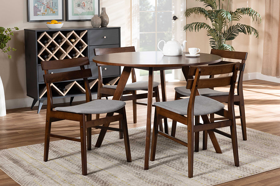 Baxton Studio Eiko Mid-Century Modern Transitional Light Grey Fabric Upholstered and Walnut Brown Finished Wood 5-Piece Dining Set | Modishstore | Dining Sets