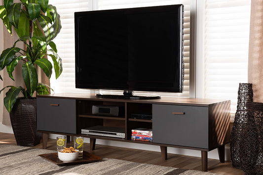 Baxton Studio Moina Mid-Century Modern Two-Tone Walnut Brown and Grey Finished Wood TV Stand | Modishstore | TV Stands