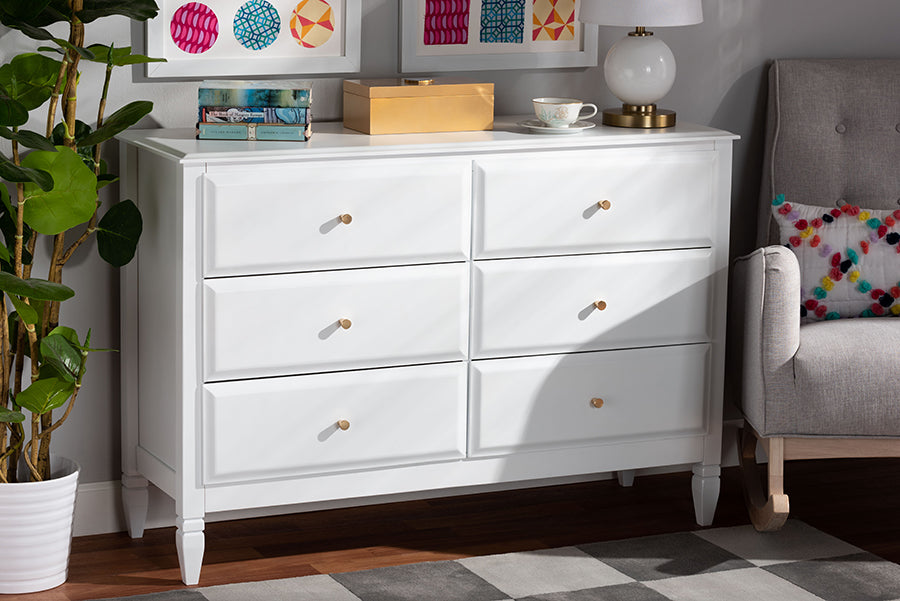 Baxton Studio Naomi Classic and Transitional White Finished Wood 6-Drawer Bedroom Dresser | Modishstore | Drawers