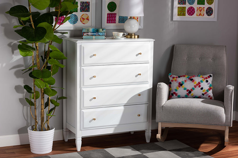 Baxton Studio Naomi Classic and Transitional White Finished Wood 4-Drawer Bedroom Chest | Modishstore | Drawers