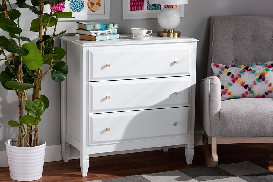 Baxton Studio Naomi Classic and Transitional White Finished Wood 3-Drawer Bedroom Chest | Modishstore | Drawers