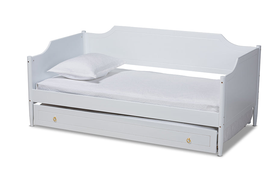baxton studio alya classic traditional farmhouse white finished wood full size daybed with roll out trundle bed | Modish Furniture Store-2