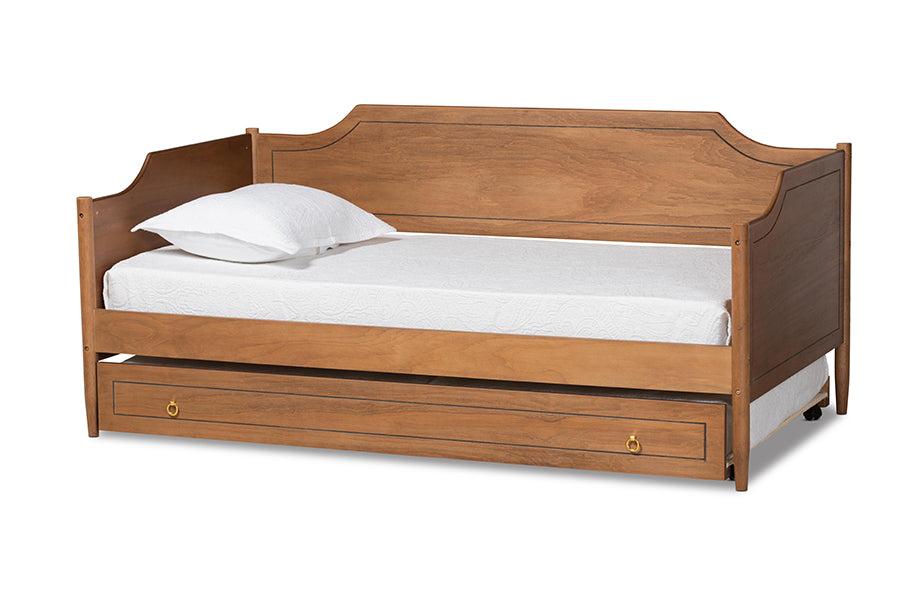 baxton studio alya classic traditional farmhouse walnut brown finished wood full size daybed with roll out trundle bed | Modish Furniture Store-2
