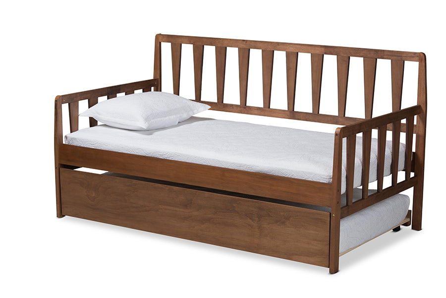 baxton studio midori modern and contemporary transitional walnut brown finished wood twin size daybed with roll out trundle bed | Modish Furniture Store-2