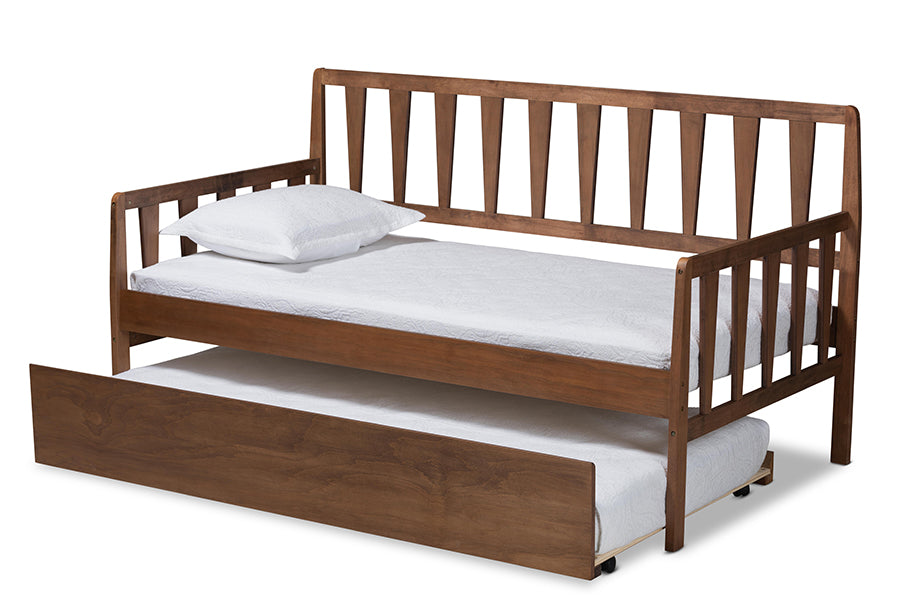 baxton studio midori modern and contemporary transitional walnut brown finished wood twin size daybed with roll out trundle bed | Modish Furniture Store-3