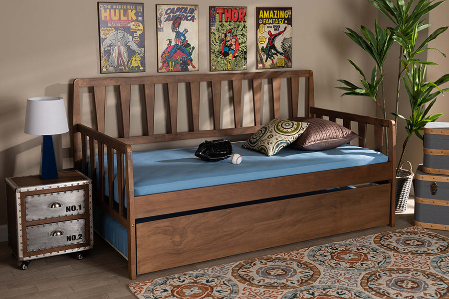Baxton Studio Midori Modern and Contemporary Transitional Walnut Brown Finished Wood Twin Size Daybed with Roll-Out Trundle Bed | Modishstore | Beds