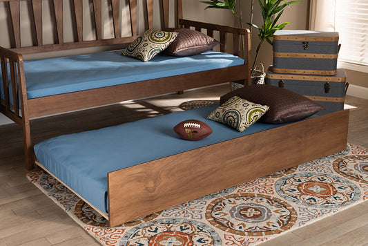 Baxton Studio Midori Modern and Contemporary Transitional Walnut Brown Finished Wood Twin Size Trundle Bed | Modishstore | Beds