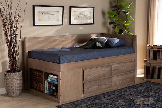 Baxton Studio Levon Modern and Contemporary Antique Oak Finished Wood 4-Drawer Twin Size Storage Bed | Modishstore | Beds