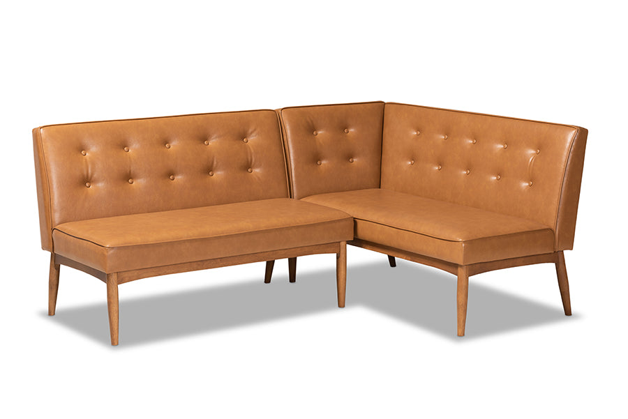 baxton studio arvid mid century modern tan faux leather upholstered and walnut brown finished 2 piece wood dining nook banquette set | Modish Furniture Store-2