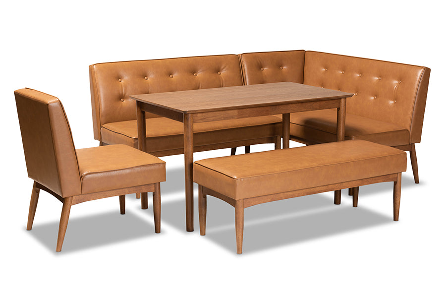 baxton studio arvid mid century modern tan faux leather upholstered and walnut brown finished wood 5 piece dining nook set | Modish Furniture Store-2
