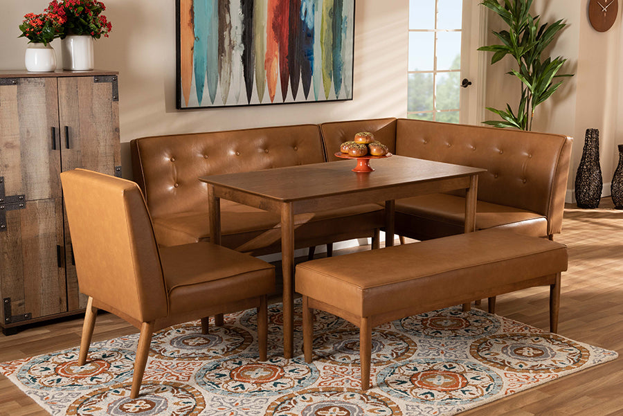Baxton Studio Arvid Mid-Century Modern Tan Faux Leather Upholstered and Walnut Brown Finished Wood 5-Piece Dining Nook Set | Modishstore | Dining Sets