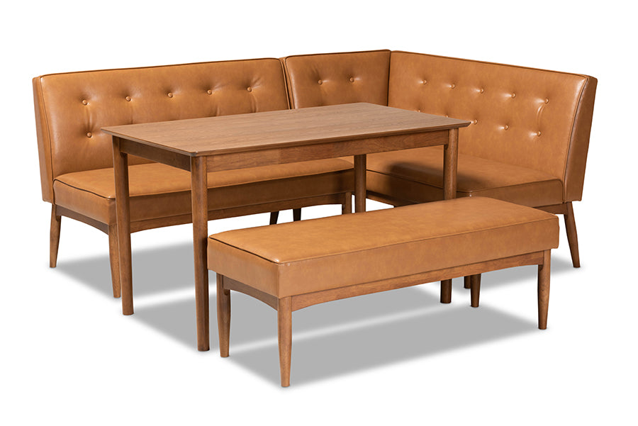 baxton studio arvid mid century modern tan faux leather upholstered and walnut brown finished wood 4 piece dining nook set | Modish Furniture Store-2