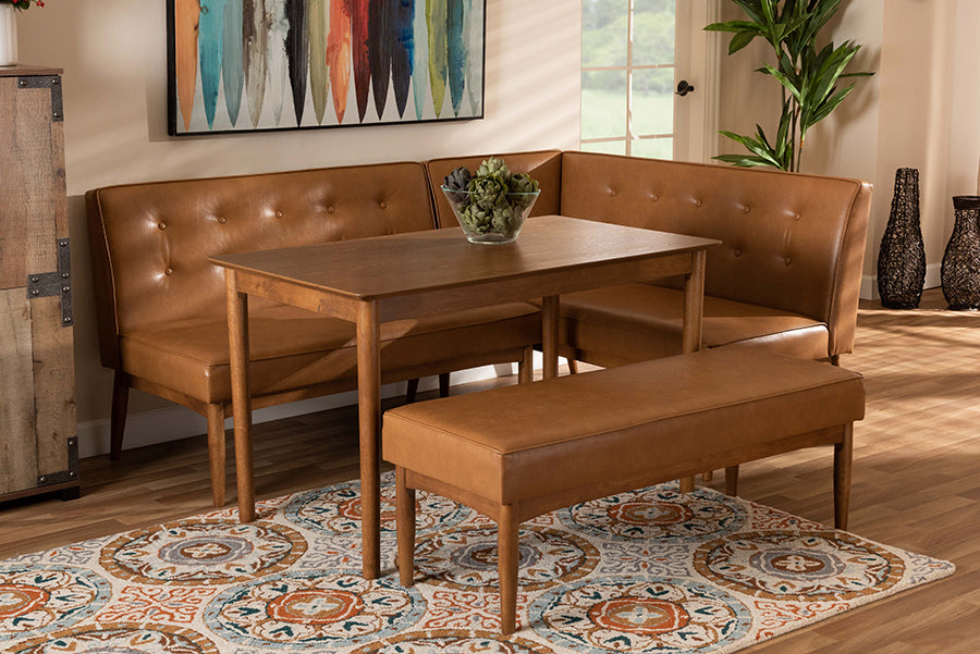 Baxton Studio Arvid Mid-Century Modern Tan Faux Leather Upholstered and Walnut Brown Finished Wood 4-Piece Dining Nook Set | Modishstore | Dining Sets