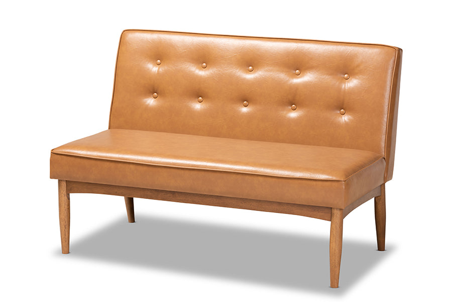 baxton studio arvid mid century modern tan faux leather upholstered and walnut brown finished 2 piece wood dining nook banquette set | Modish Furniture Store-3