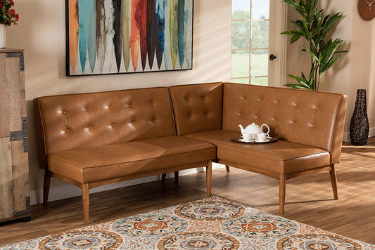 Baxton Studio Arvid Mid-Century Modern Tan Faux Leather Upholstered and Walnut Brown Finished 2-Piece Wood Dining Nook Banquette Set | Modishstore | Dining Sets