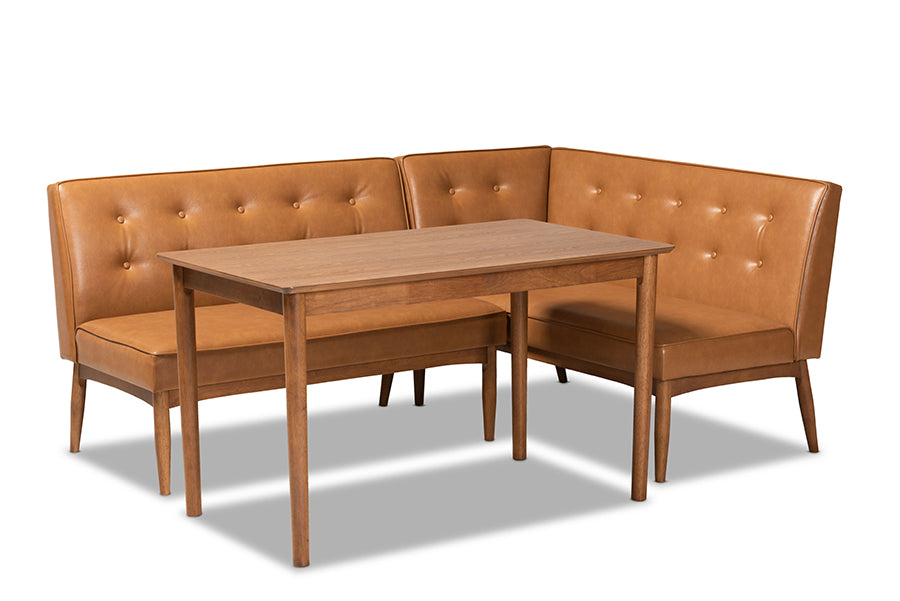 baxton studio arvid mid century modern tan faux leather upholstered and walnut brown finished wood 3 piece dining nook set | Modish Furniture Store-2