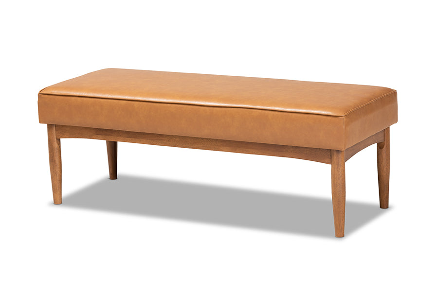 baxton studio arvid mid century modern tan faux leather upholstered and walnut brown finished wood dining bench | Modish Furniture Store-2