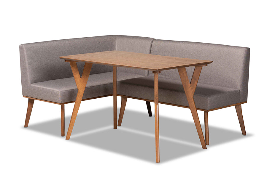 baxton studio odessa mid century modern grey fabric upholstered and walnut brown finished wood 3 piece dining nook set | Modish Furniture Store-2