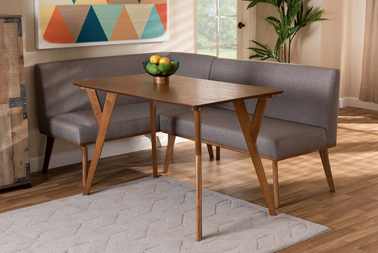 Baxton Studio Odessa Mid-Century Modern Grey Fabric Upholstered and Walnut Brown Finished Wood 3-Piece Dining Nook Set | Modishstore | Dining Sets