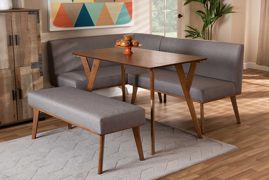 Baxton Studio Odessa Mid-Century Modern Grey Fabric Upholstered and Walnut Brown Finished Wood 4-Piece Dining Nook Set | Modishstore | Dining Sets