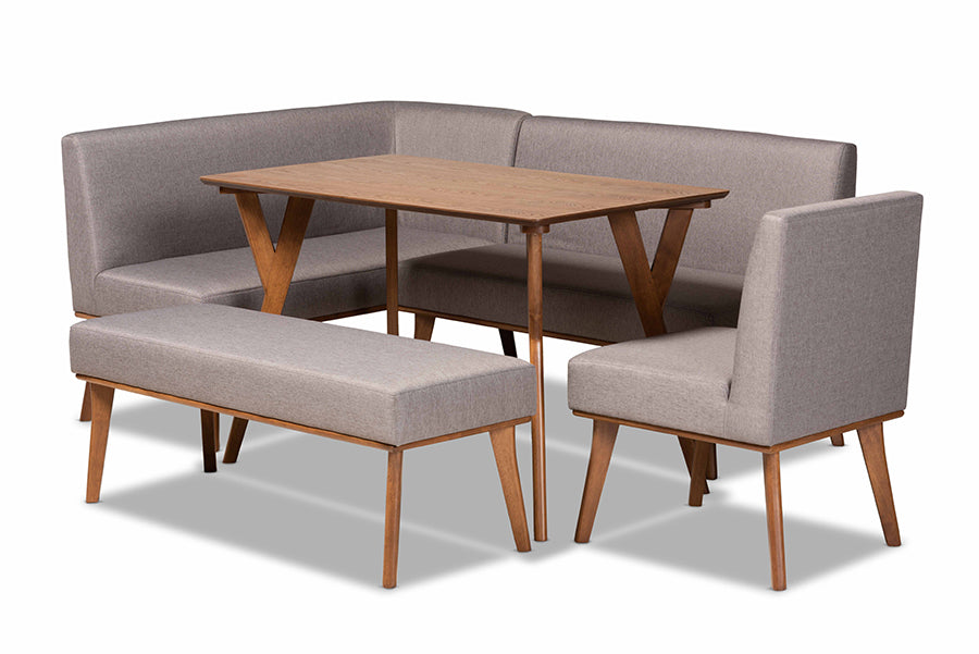 baxton studio odessa mid century modern grey fabric upholstered and walnut brown finished wood 5 piece dining nook set | Modish Furniture Store-2
