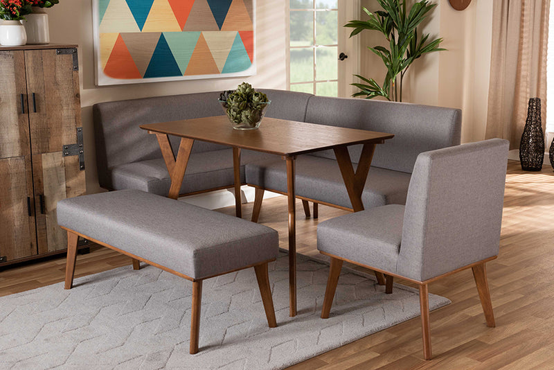 Baxton Studio Odessa Mid-Century Modern Grey Fabric Upholstered and Walnut Brown Finished Wood 5-Piece Dining Nook Set | Modishstore | Dining Sets