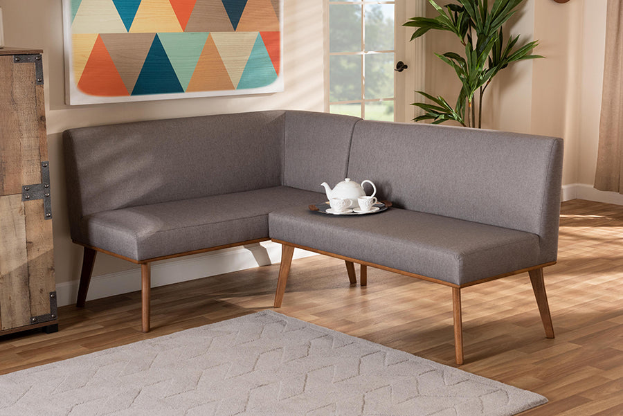 Baxton Studio Odessa Mid-Century Modern Grey Fabric Upholstered and Walnut Brown Finished 2-Piece Wood Dining Nook Banquette Set | Modishstore | Dining Sets