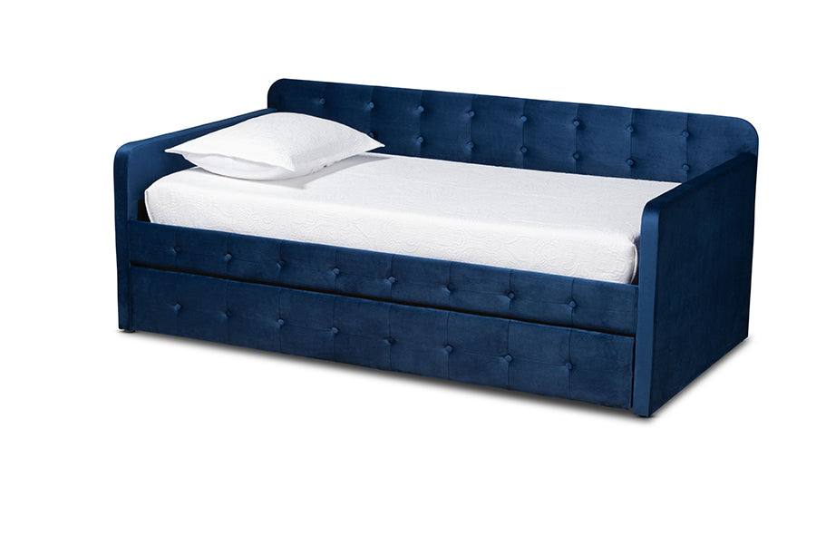 baxton studio jona modern and contemporary transitional navy blue velvet fabric upholstered and button tufted twin size daybed with trundle | Modish Furniture Store-2