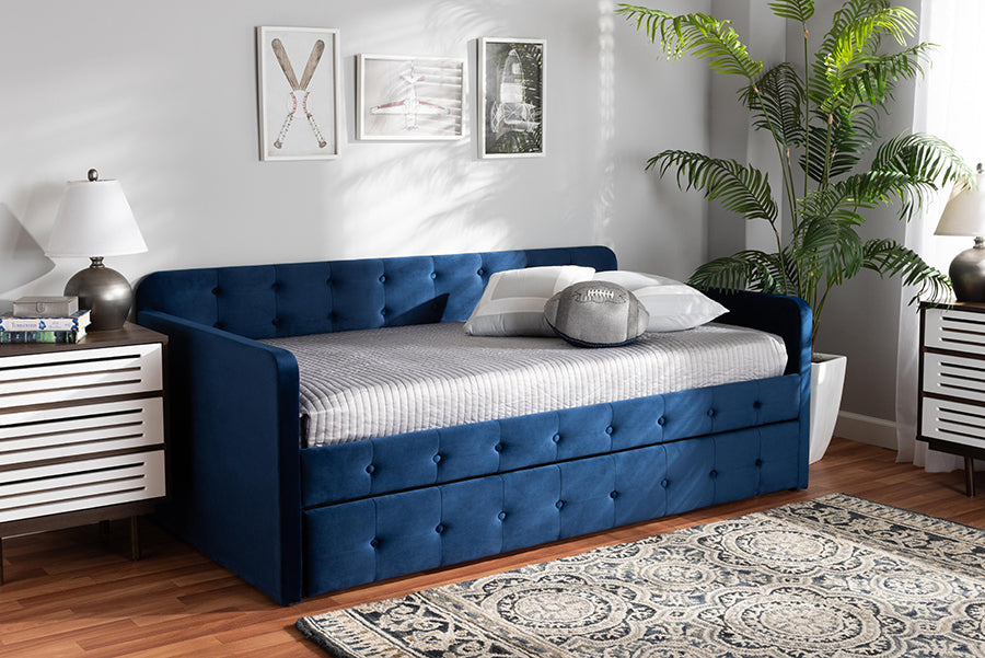 Baxton Studio Jona Modern and Contemporary Transitional Navy Blue Velvet Fabric Upholstered and Button Tufted Twin Size Daybed with Trundle | Modishstore | Beds