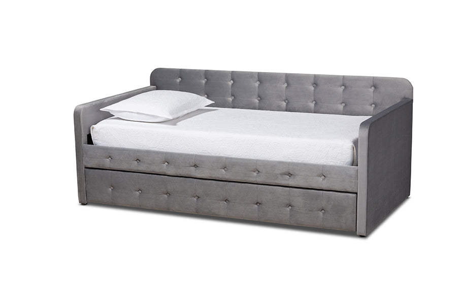 baxton studio jona modern and contemporary transitional grey velvet fabric upholstered and button tufted twin size daybed with trundle | Modish Furniture Store-2