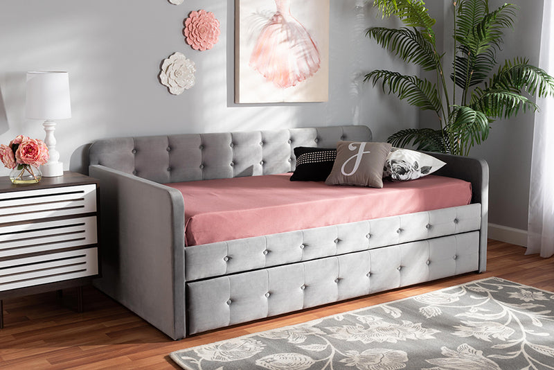 Baxton Studio Jona Modern and Contemporary Transitional Grey Velvet Fabric Upholstered and Button Tufted Twin Size Daybed with Trundle | Modishstore | Beds